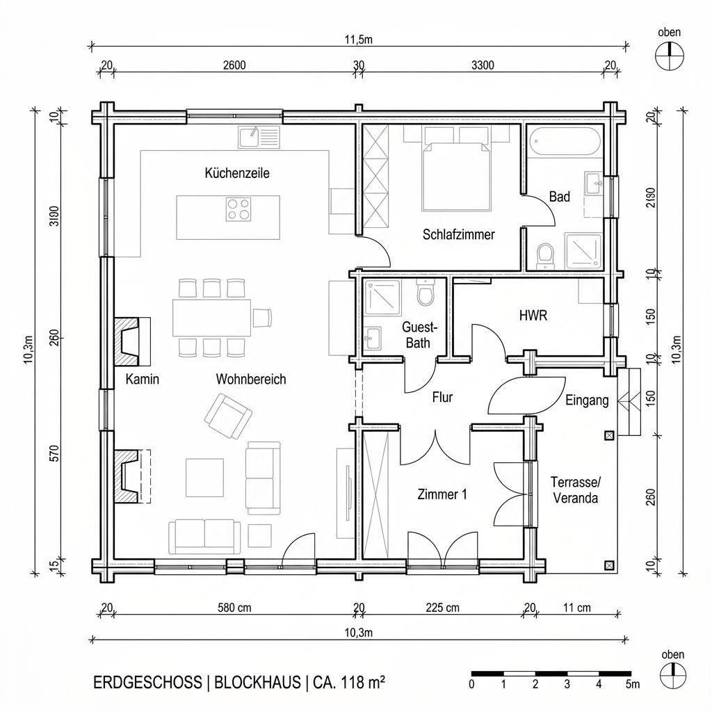 Grundriss Fichta – 118 m² Blockhaus mit 4 Zimmern
