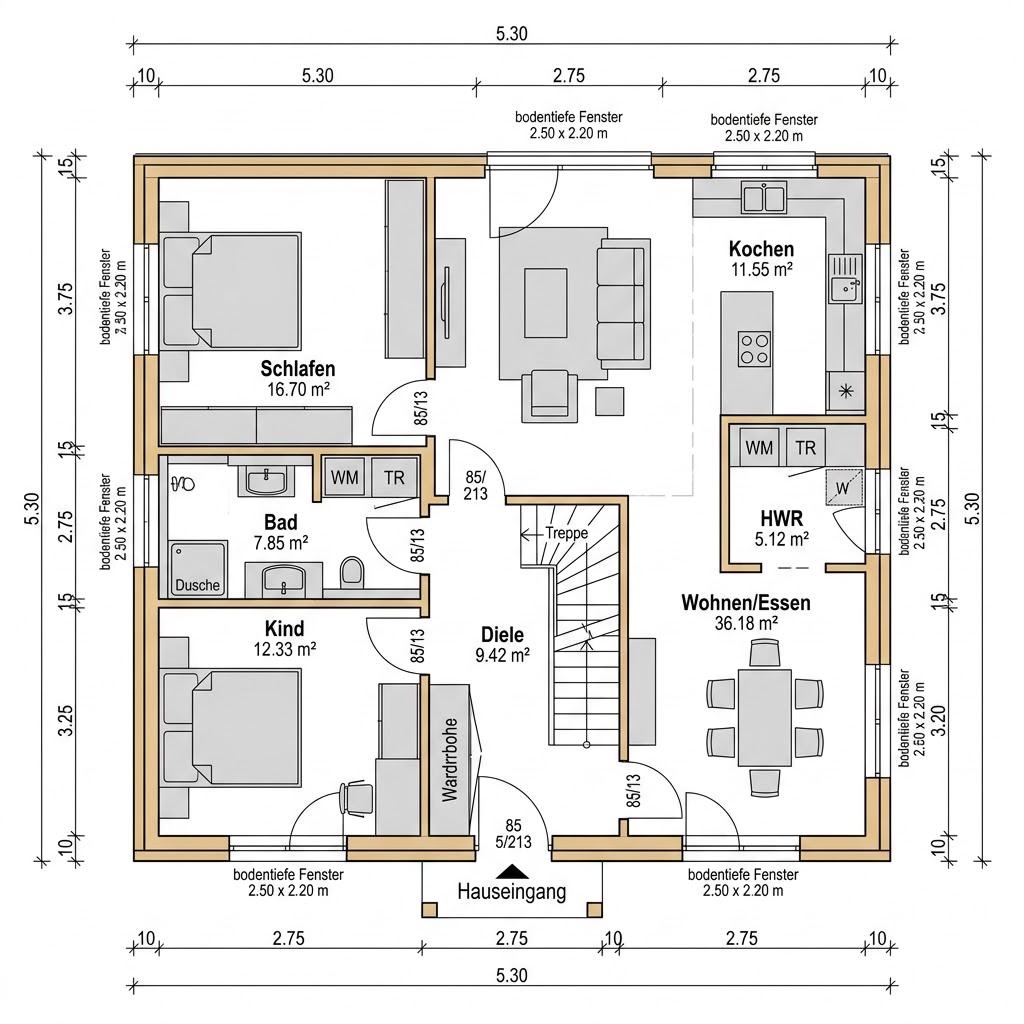 Grundriss Familienhaus Varberg 164 – 164 m² Holzhaus mit 6 Zimmern