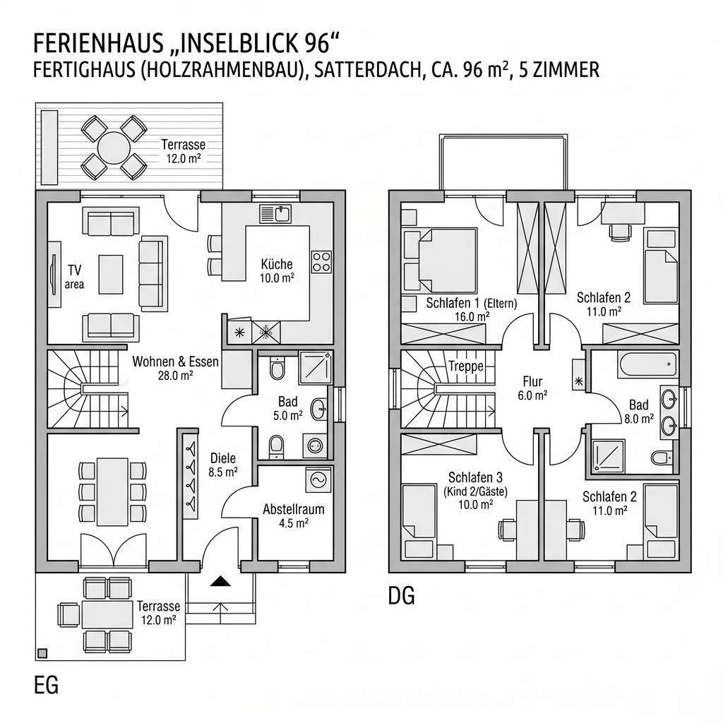 Grundriss Inselblick 96 – 96 m² Ferienhaus mit 5 Zimmern