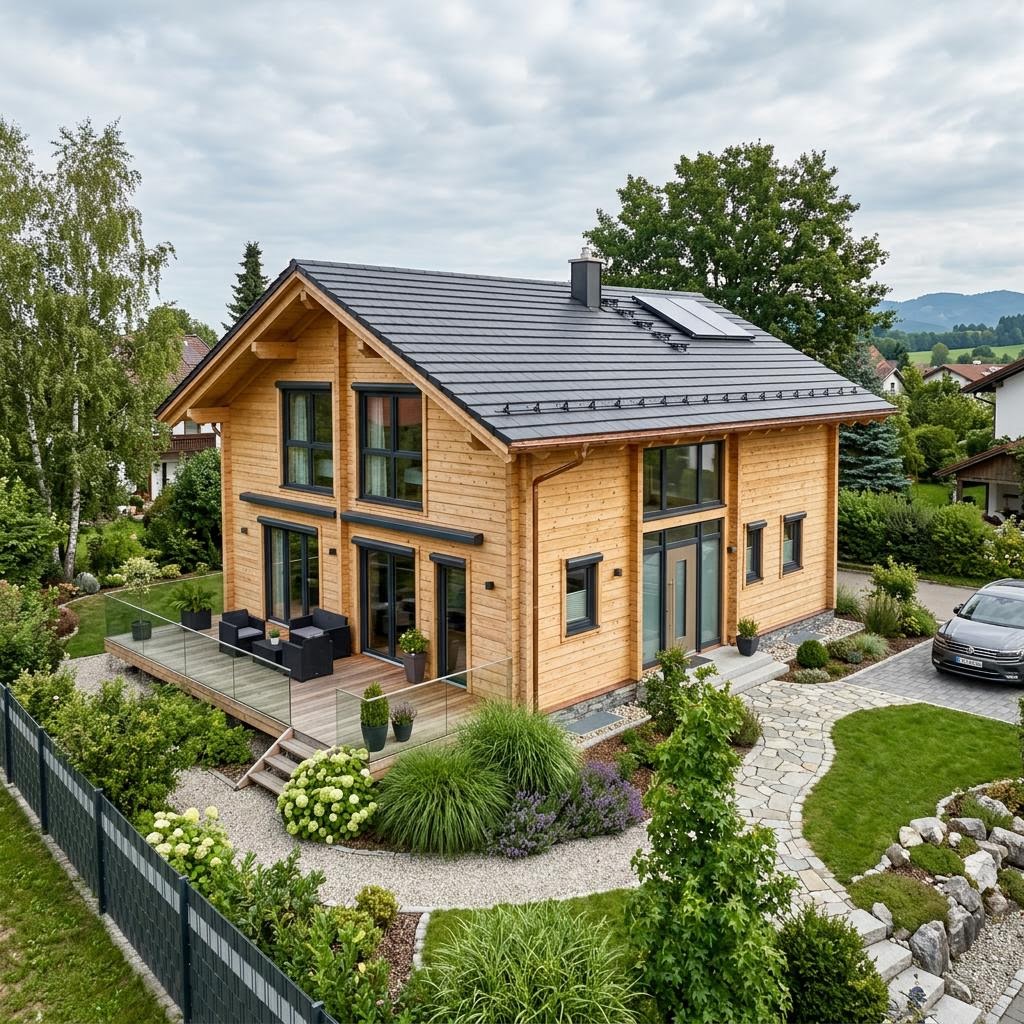 Massivholz-Blockhaus Larix 134 von Stommel Haus mit Lärchenfassade und Satteldach