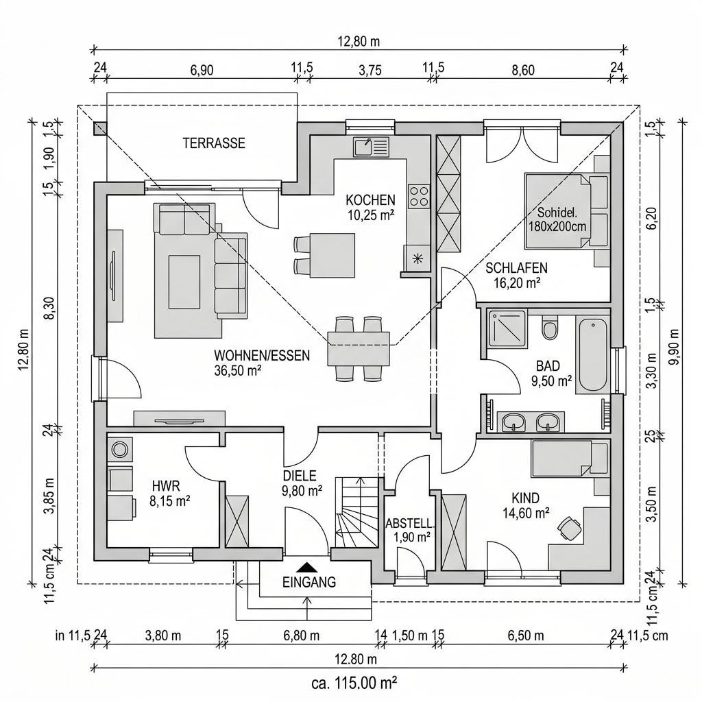 Grundriss Bungalow Walm 115 von STREIF Haus — 115 m², 4 Zimmer