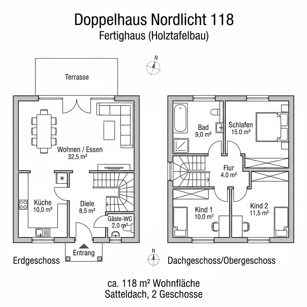 Grundriss Doppelhaus Nordlicht 118 von STREIF Haus — 118 m², 4 Zimmer