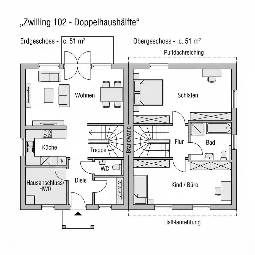 Grundriss Zwilling 102 – 102 m² Doppelhaushälfte mit 3 Zimmern