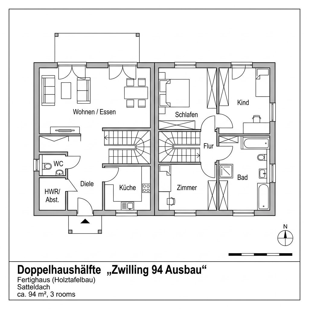 Grundriss Zwilling 94 Ausbau – 94 m² Doppelhaushälfte mit 3 Zimmern