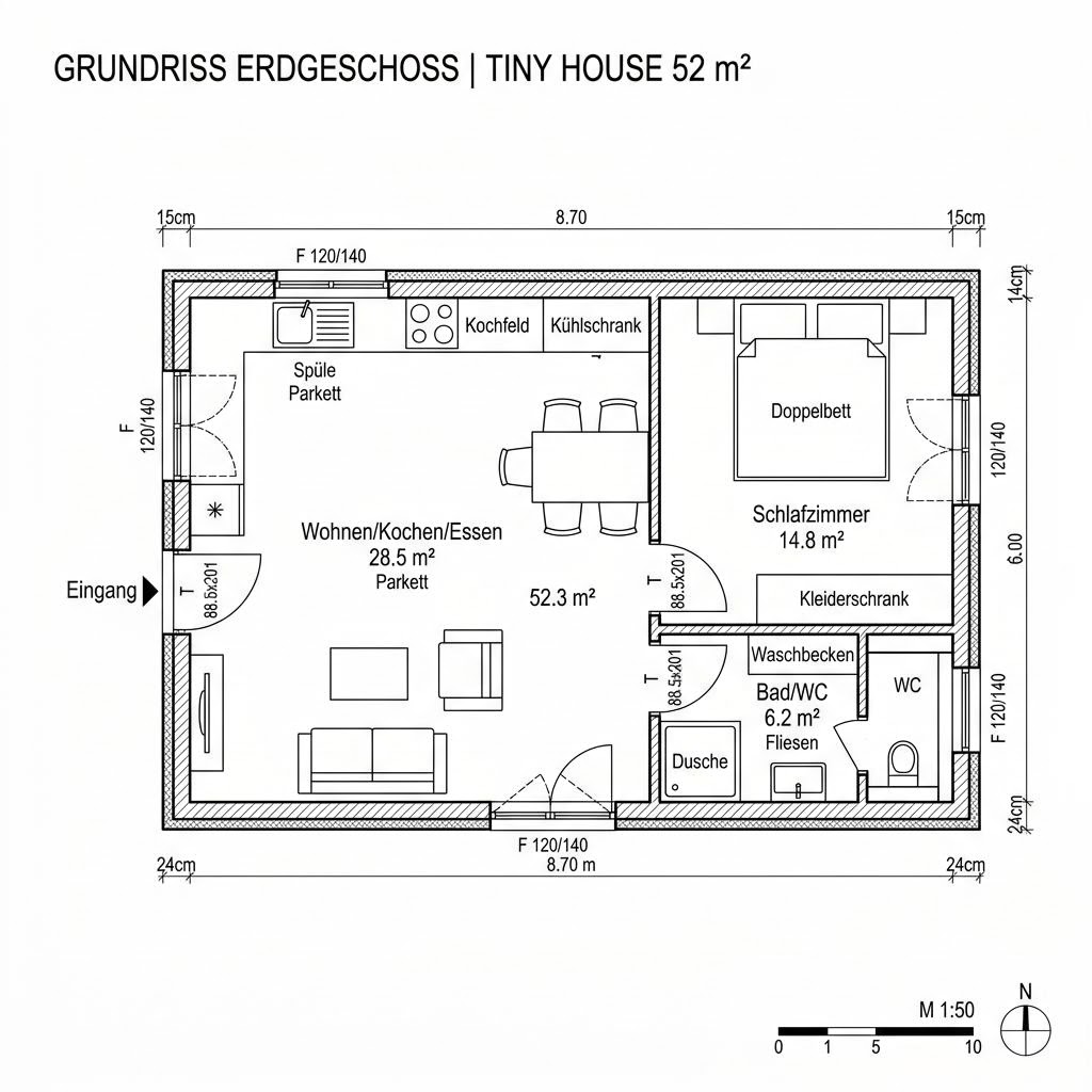 Grundriss Stugan 52 – 52 m² Tiny House mit 2 Zimmern