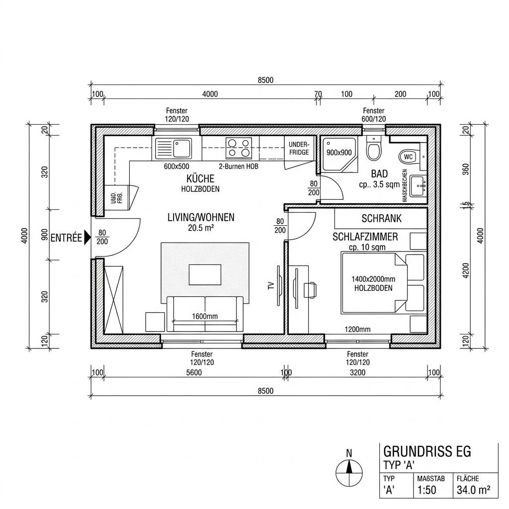 Grundriss Tiny House Aspen 34 – 34 m² Tiny House mit 2 Zimmern