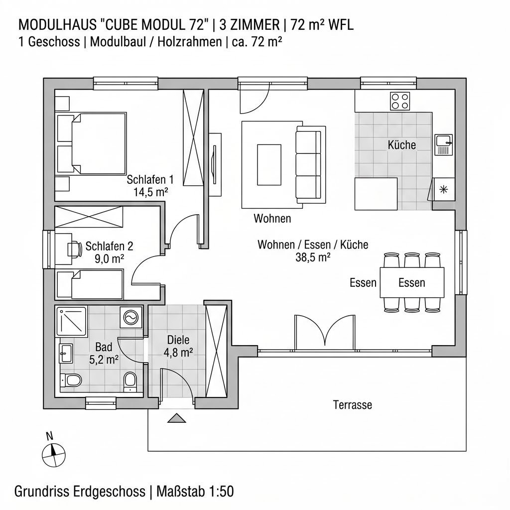 Grundriss Cube Modul 72 – 72 m² Modulhaus mit 3 Zimmern