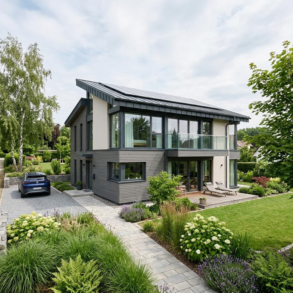 Flachdachhaus Flatline 150 Pult von Wagener Systemhausbau mit Pultdach — Fertighaus mit 150 m² und viel Licht