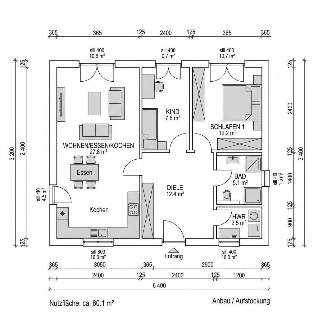 Grundriss Aufstockung Modul 60 – 60 m² Anbau / Aufstockung mit 3 Zimmern
