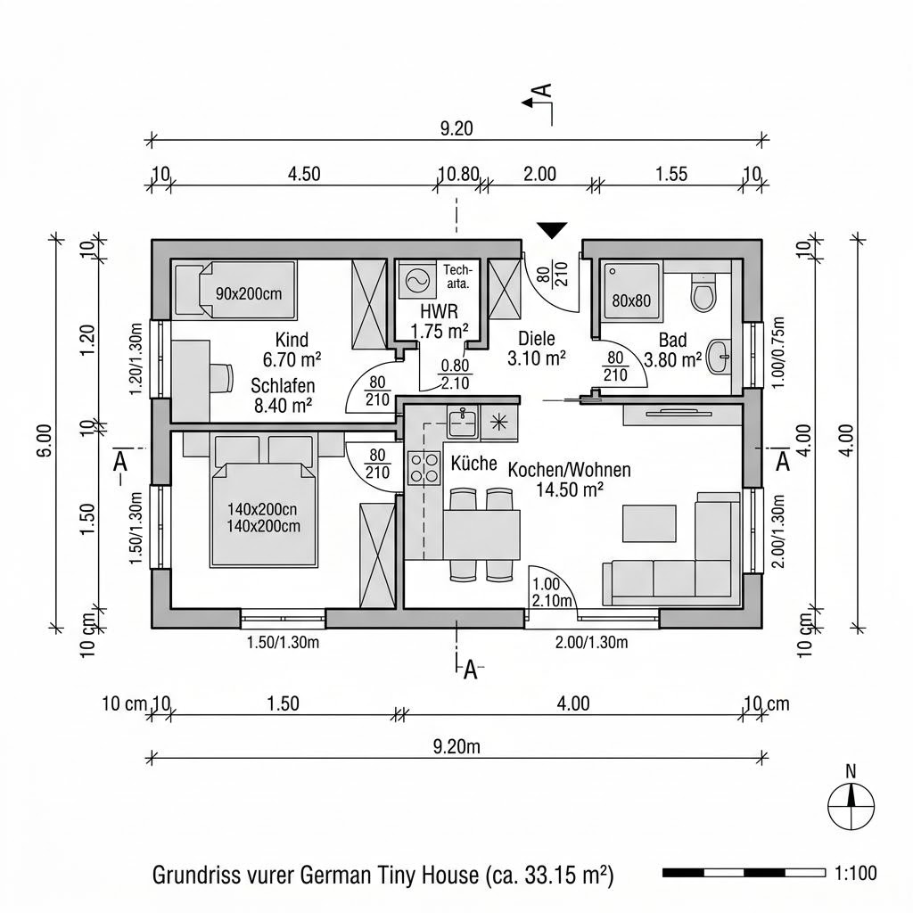 Grundriss Tiny House Autark 33 – 33 m² Tiny House mit 2 Zimmern