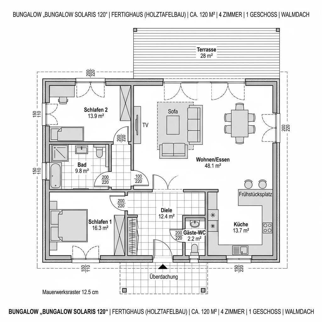 Grundriss Bungalow Solaris 120 von WOLF-HAUS — 120 m², 4 Zimmer