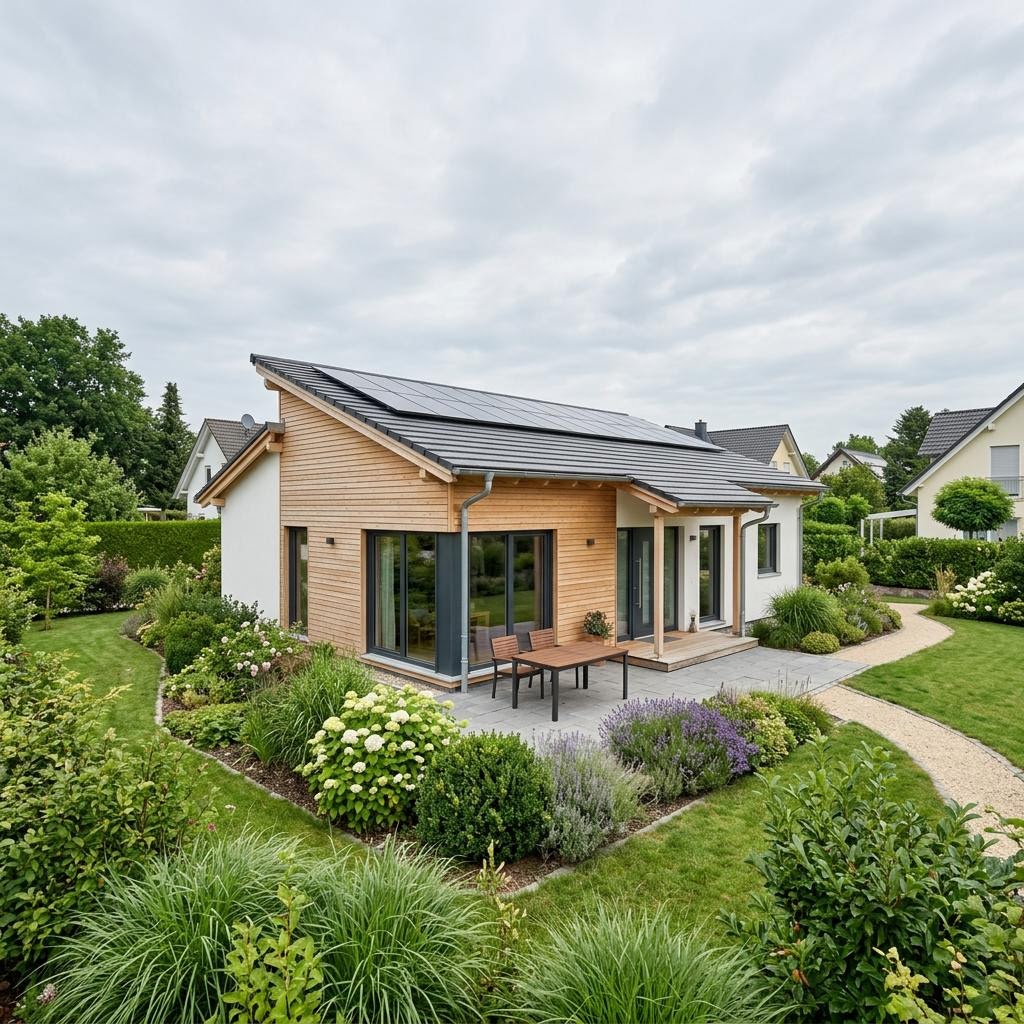 Pultdach-Bungalow PultVita Bungalow 108 von WOLF-HAUS mit Solardach und Terrassenzugang