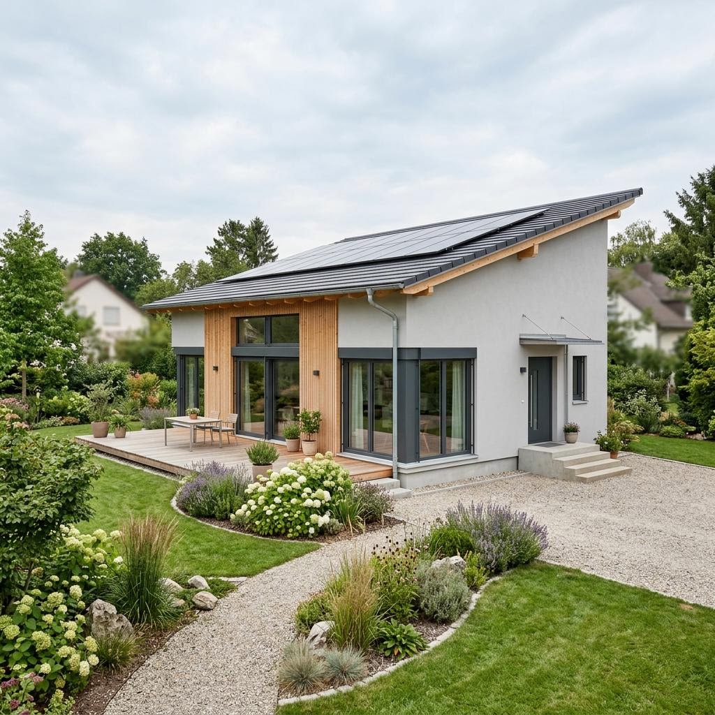 Singlehaus Eco 82 von WOLF-HAUS mit Pultdach — energieeffizientes Fertighaus mit 82 m²