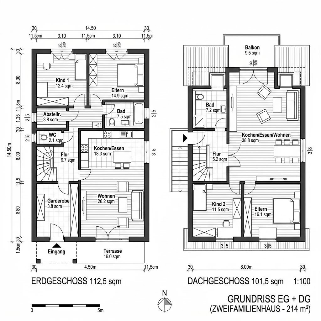 Grundriss Zweifamilienhaus Kajüte Zwei 214 – 214 m² Zweifamilienhaus mit 7 Zimmern