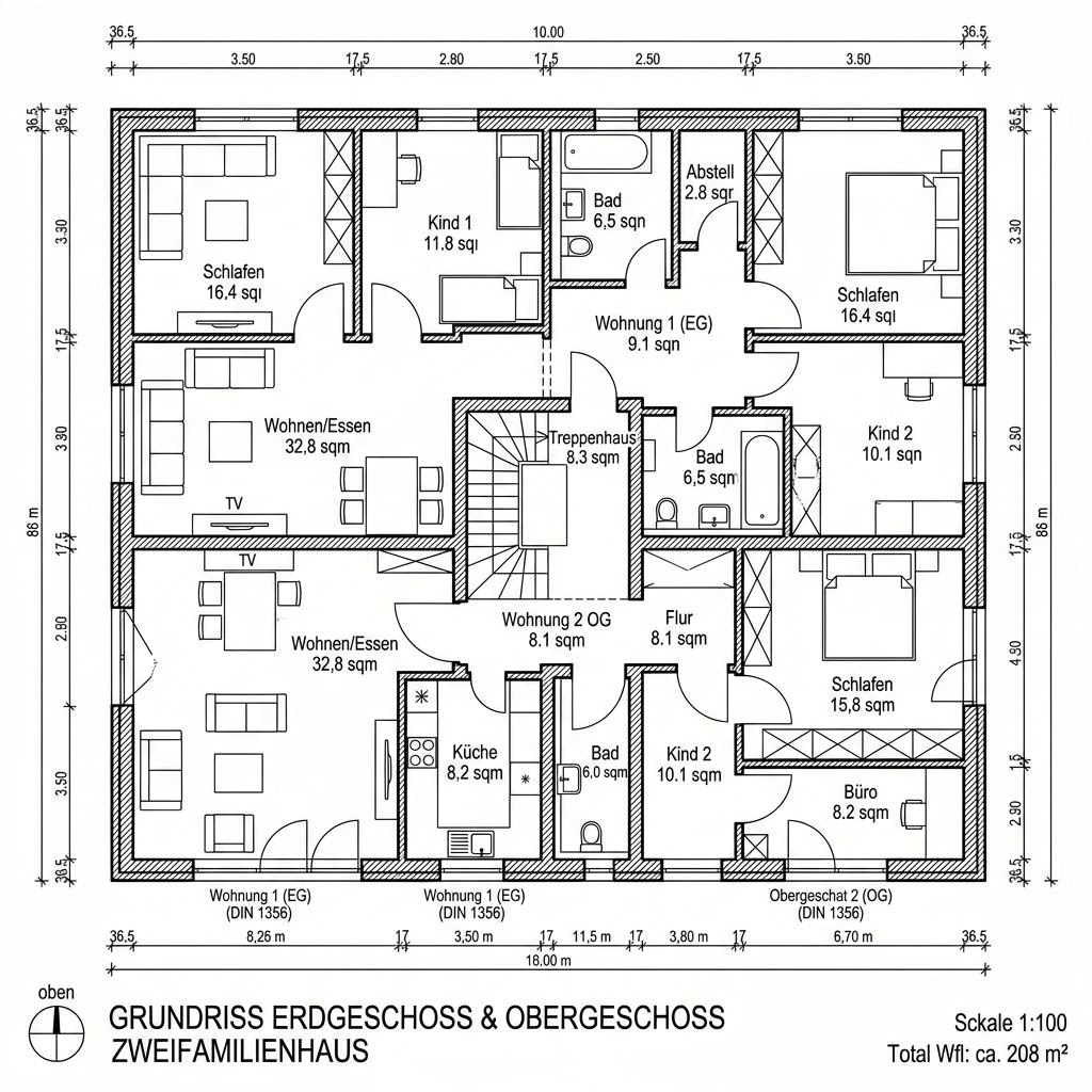 Grundriss Family 208 – 208 m² Zweifamilienhaus mit 7 Zimmern