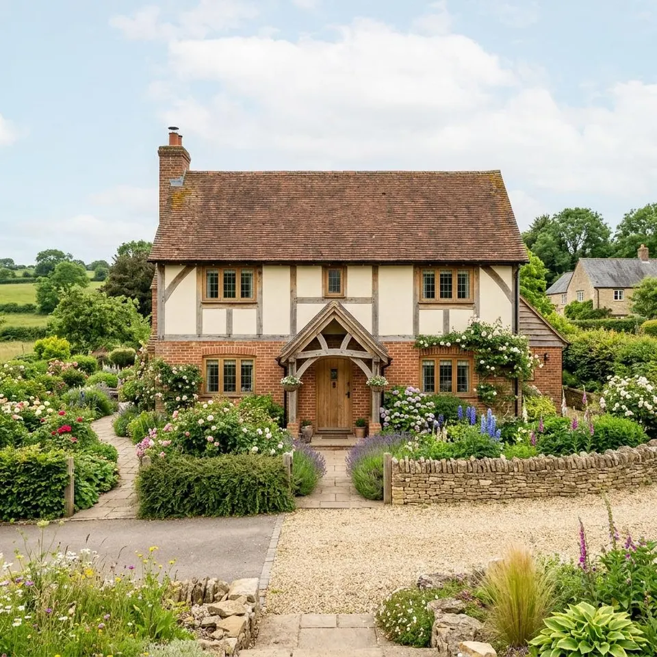 Selfbuild-Fertighaus im britischen Landhausstil mit Backsteinfassade und grünem Garten – Fertighaus bauen in Großbritannien 2026