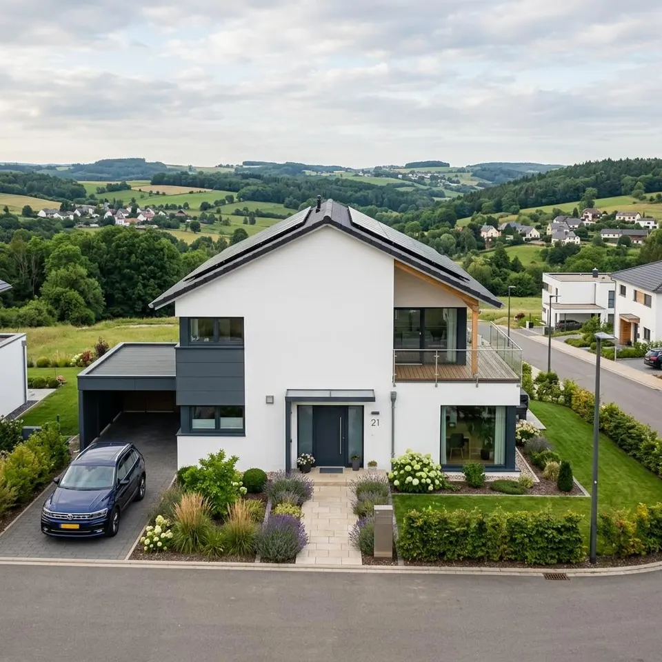 Niedrigstenergie-Fertighaus in einem luxemburgischen Neubaugebiet mit gepflegtem Vorgarten – Fertighaus bauen in Luxemburg 2026