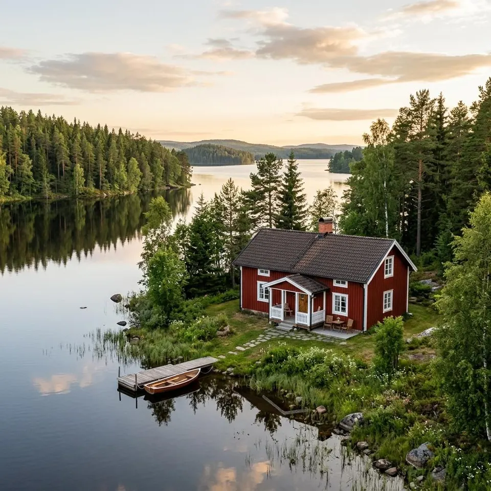 Rotes Schwedenhaus aus Holz mit weißen Fensterrahmen an einem skandinavischen See – Fertighaus bauen in Skandinavien 2026