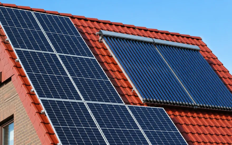 Photovoltaik-Module und Solarthermie-Kollektoren zusammen auf einem Ziegeldach – Strom und Wärme aus Sonnenenergie