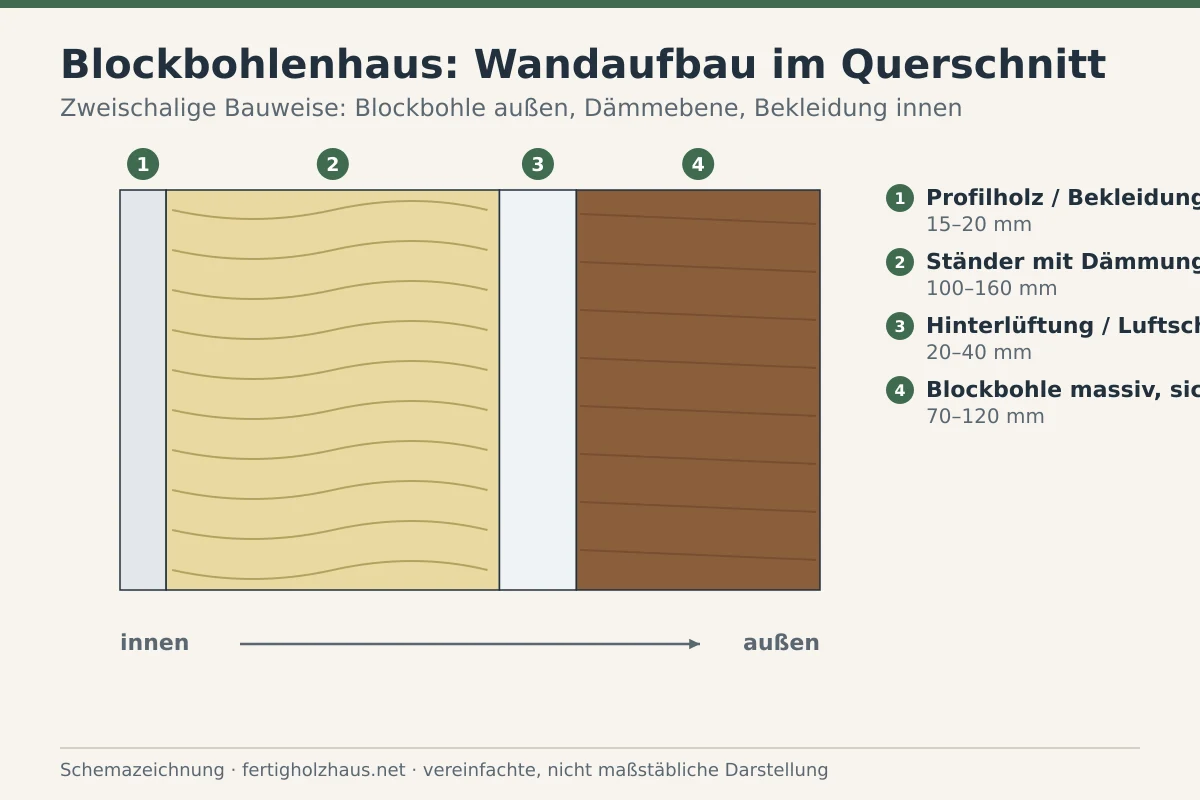 Schemazeichnung einer Blockbohlenwand im Querschnitt mit massiver Bohle, Dichtungsebene und optionaler Innendämmschale.