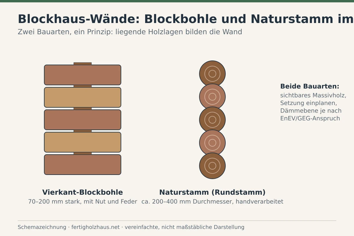 Schemazeichnung, die Wandquerschnitte aus Blockbohlen und Naturstämmen im Blockhausbau gegenüberstellt.