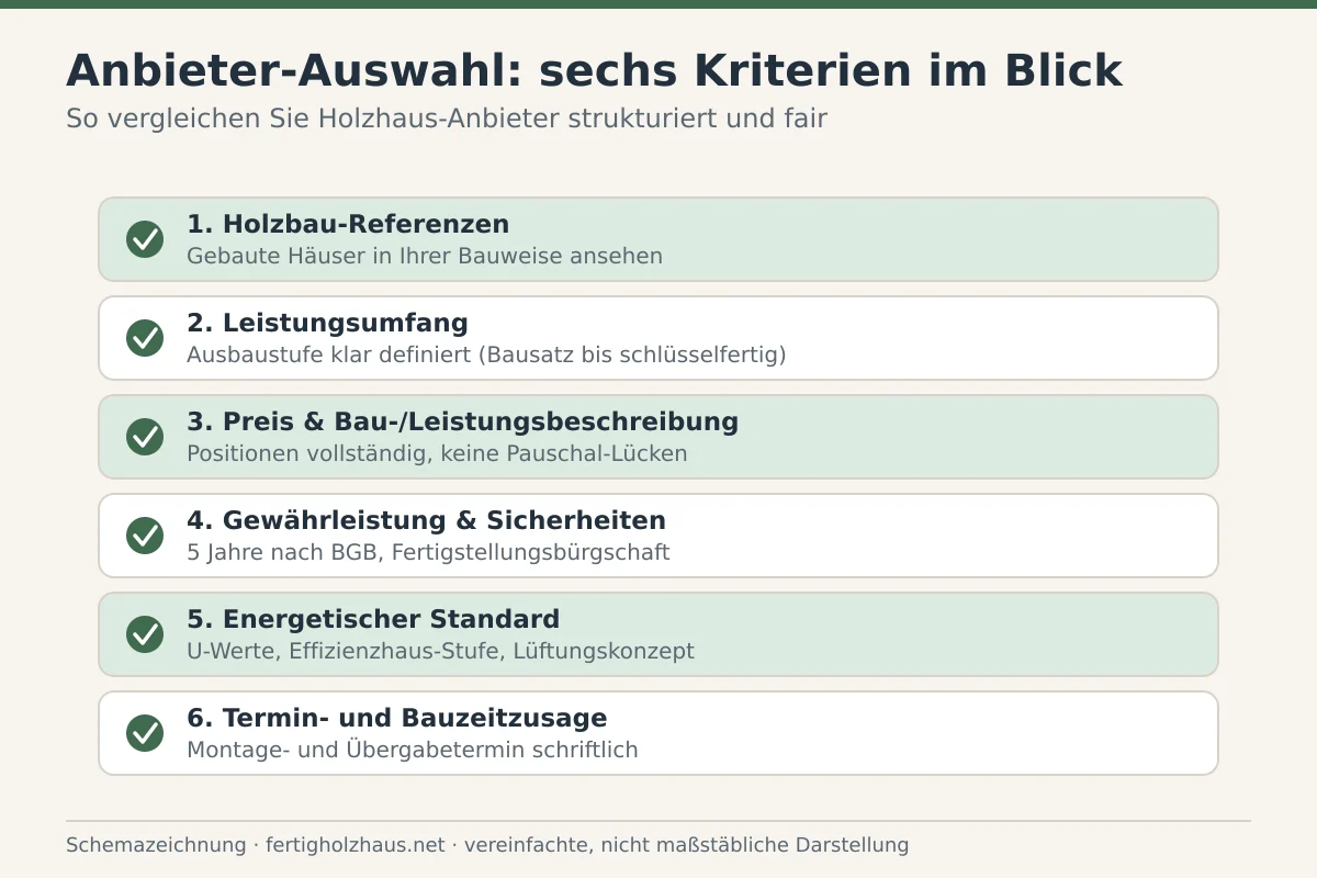 Schemazeichnung mit den wichtigsten Kriterien für die Auswahl eines Holzhaus-Anbieters von der Bauweise bis zum Leistungsumfang.