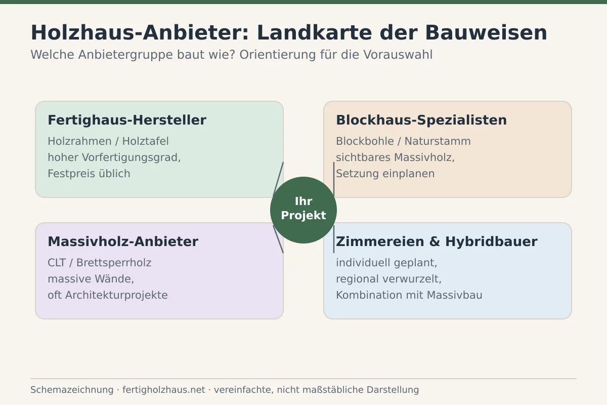 Schemazeichnung, die Holzhaus-Anbieter nach Bauweisen wie Holztafelbau, Blockbau und Massivholz gruppiert.