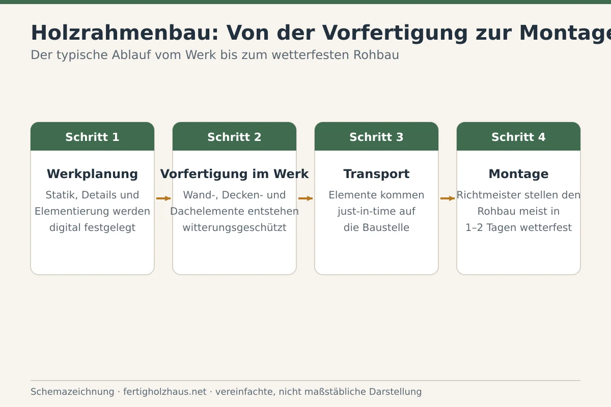 Schemazeichnung zum Ablauf im Holzrahmenbau von der Wandfertigung im Werk bis zur Montage auf der Bodenplatte.