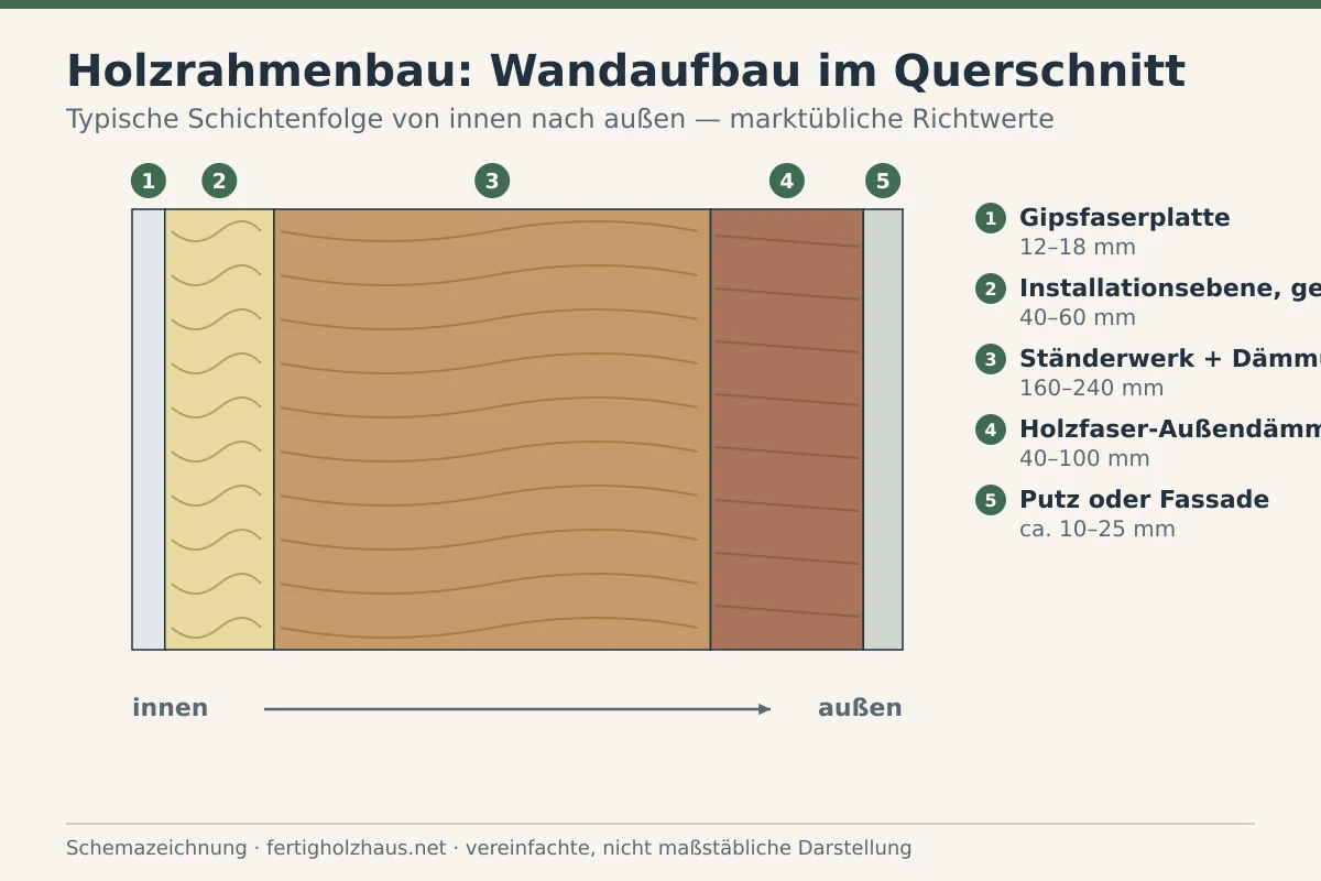 Schemazeichnung eines Holzrahmenbau-Wandaufbaus im Querschnitt mit beschrifteten Schichten von der Innenbeplankung bis zur Fassade.