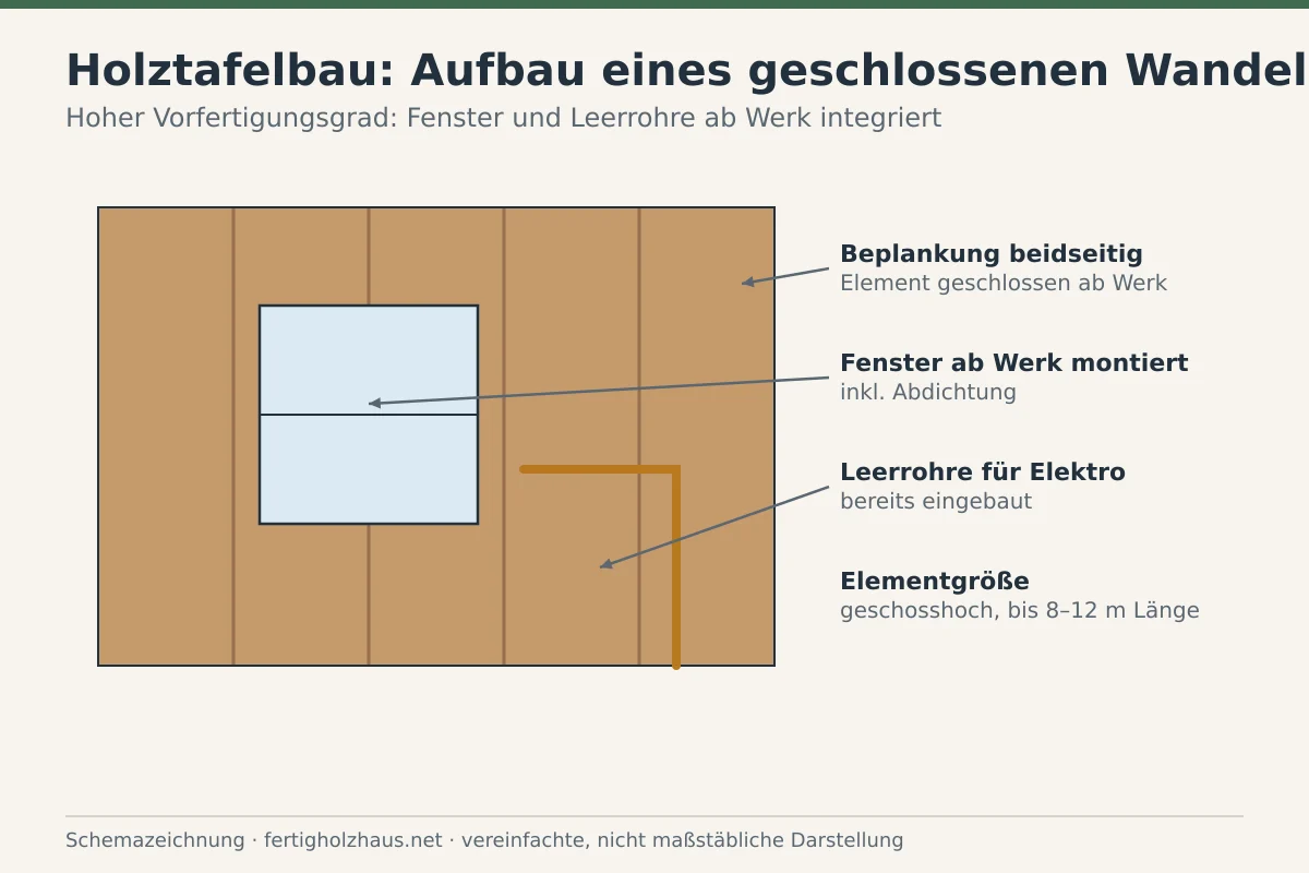 Schemazeichnung eines großformatigen Holztafelbau-Wandelements mit eingebautem Fenster und beschrifteten Funktionsschichten.