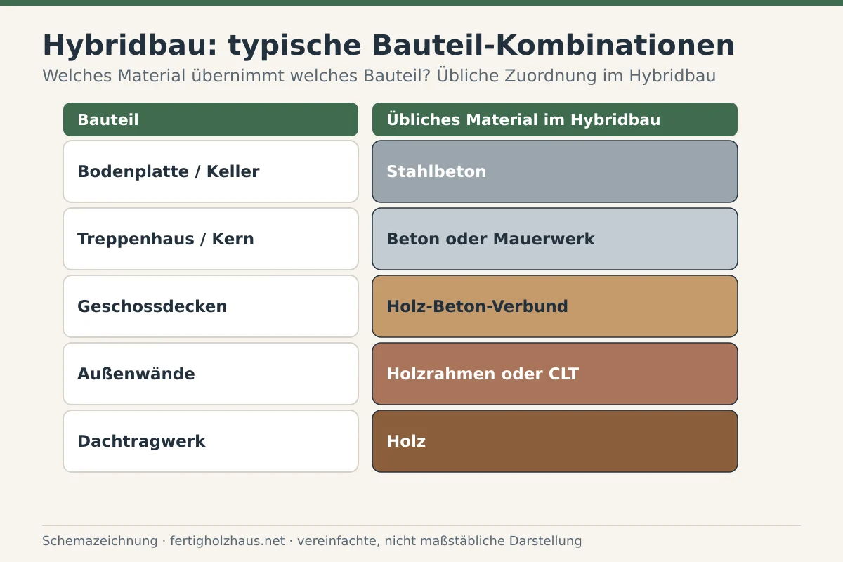 Schemazeichnung typischer Bauteil-Kombinationen der Hybridbauweise aus Holzwänden, Massivkern und Betondecken.