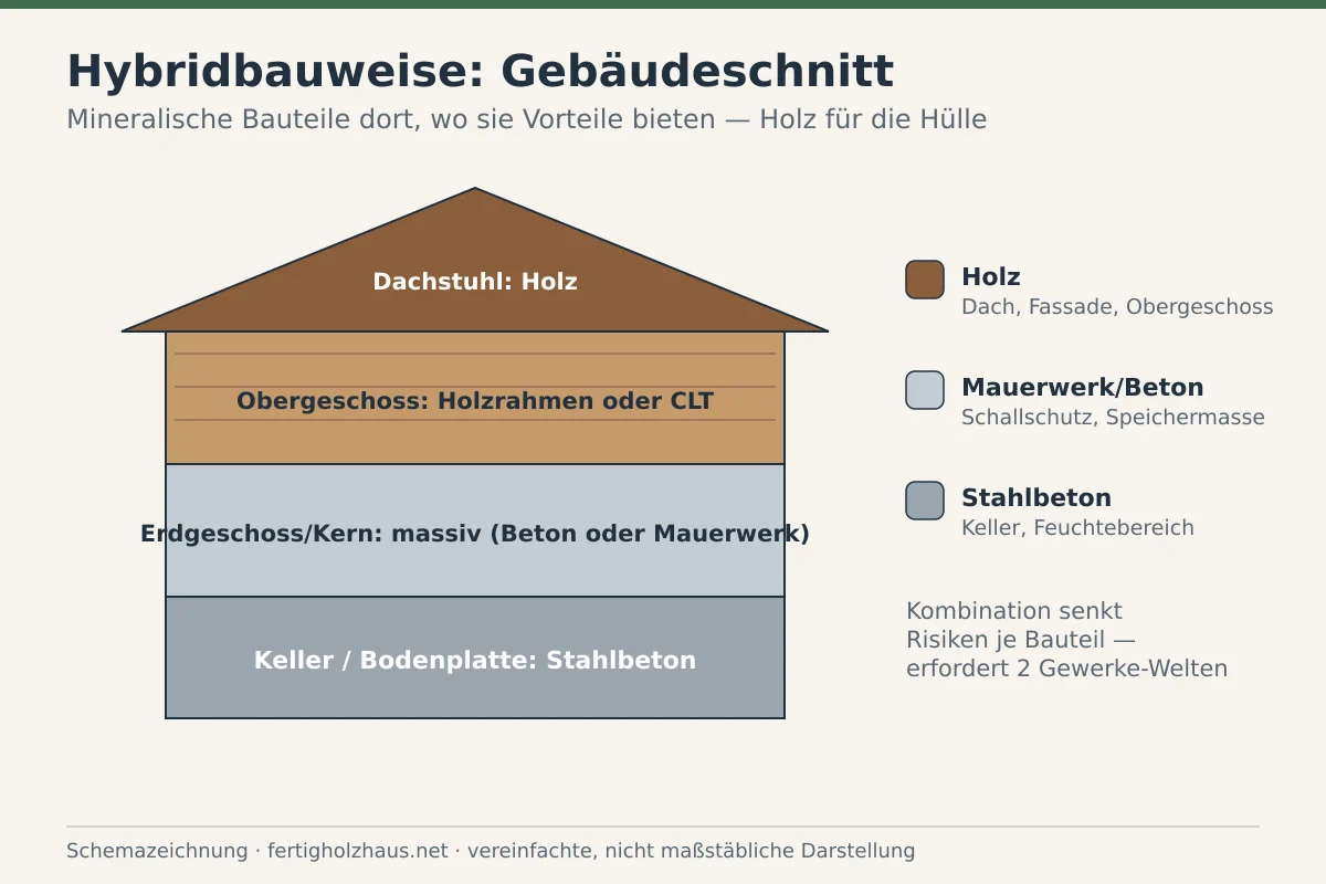 Schemazeichnung eines Gebäudeschnitts in Hybridbauweise mit massivem Erdgeschoss und Obergeschoss in Holzbauweise.