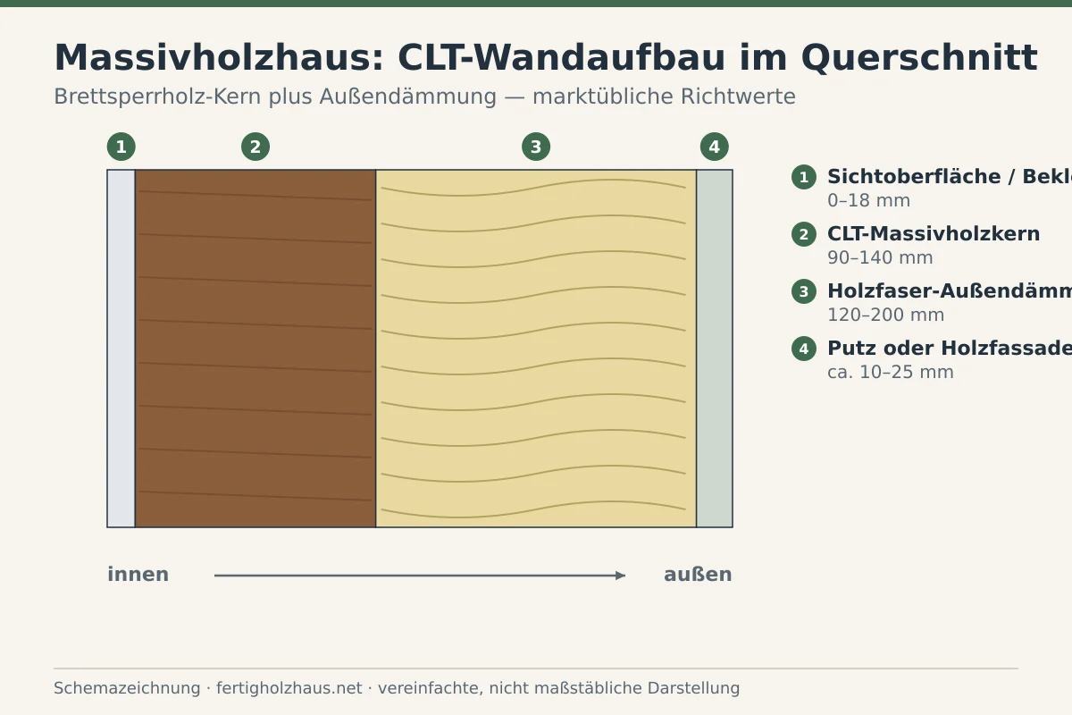 Schemazeichnung einer Brettsperrholz-Wand im Querschnitt mit kreuzweise verleimten Lagen und außenliegender Dämmung.
